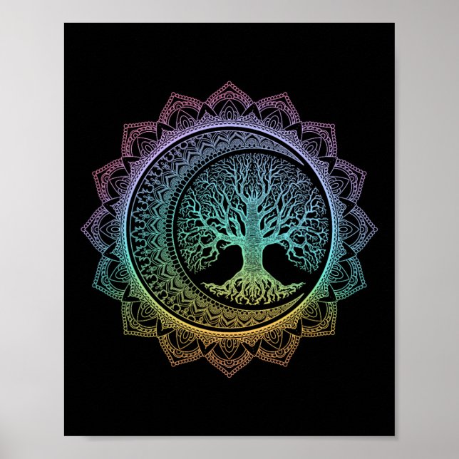 Livets Träd Crescent Månefaser Blommig Mandala Yo Poster (Framsidan)