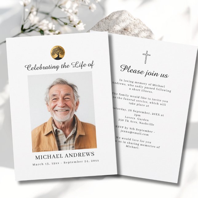 Livets Träd - Firande av Livets Begravningsfoto  Inbjudningar (Tree of Life - Celebration of Life  Funeral Photo Cross Invitation)