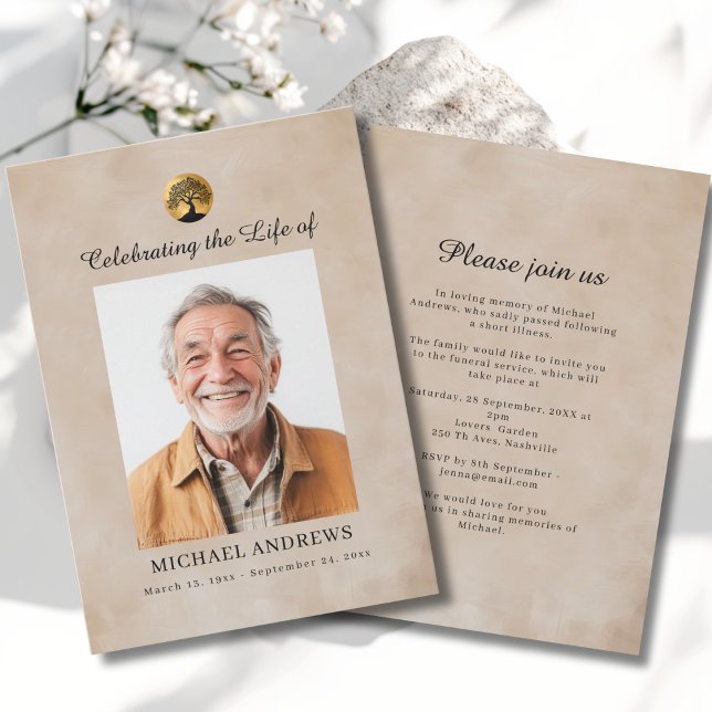 Livets Träd - Firande av Livets Begravningsfoto  Inbjudningar (Tree of Life - Celebration of Life Funeral Photo Beige Invitation - Print & Instant Download.)