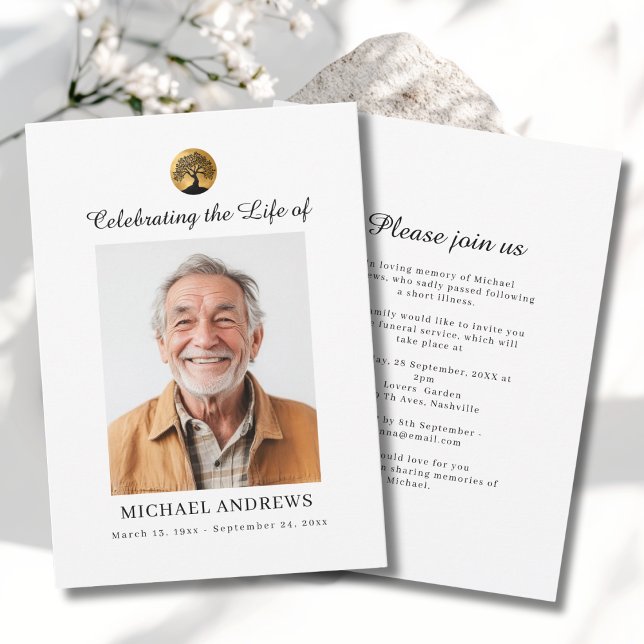 Livets Träd - Firande av Livets Begravningsfoto  Inbjudningar (Tree of Life - Celebration of Life Funeral Photo White Invitation - Print & Instant Download.)