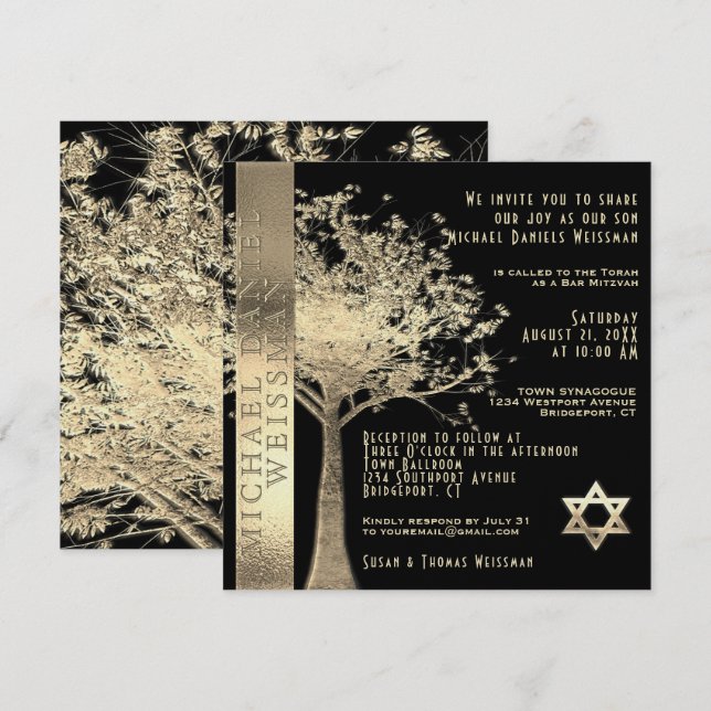 Livets träd Guld och Black Pub Mitzvah Inbjudningar (Fram/baksida)