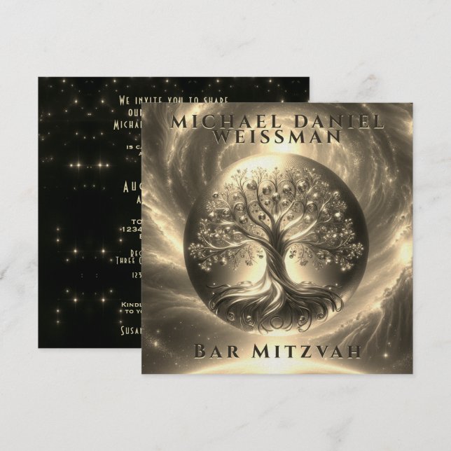 Livets träd Guld och Black Pub Mitzvah Inbjudningar (Fram/baksida)
