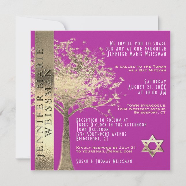 Livets träd Guld och Guld och Rosa Bat mitzvah Inbjudningar (Framsida)