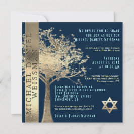Livets träd Guld och Pub Mitzvah, marinblå Inbjudningar