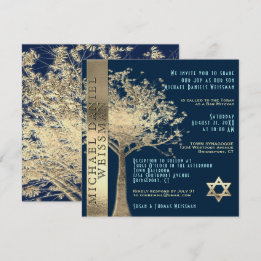 Livets träd Guld och Pub Mitzvah, marinblå Inbjudningar