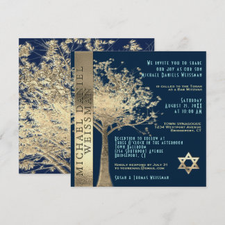 Livets träd Guld och Pub Mitzvah, marinblå Inbjudningar