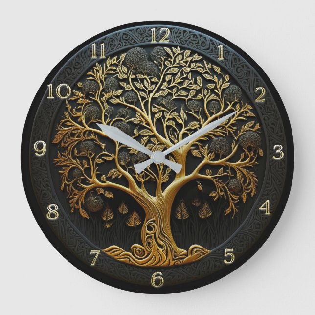 Livets träd i Black och Guld Large Clock Stor Klocka (Framsida)