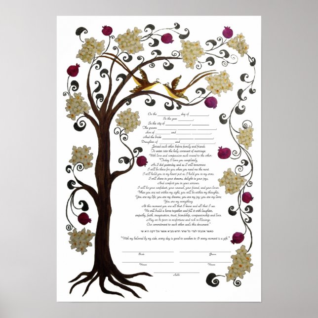 Livets träd Ketubah & granatäpplen, porträtt Poster (Framsidan)