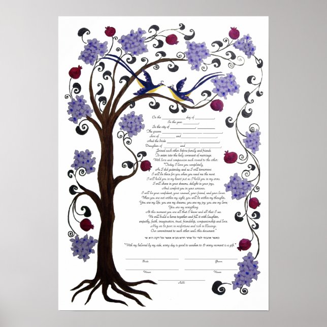 Livets träd Ketubah & granater, porträtt (hw) Poster (Framsidan)