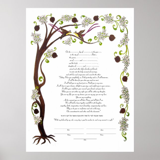 Livets träd ketubah med granater (v) poster (Framsidan)