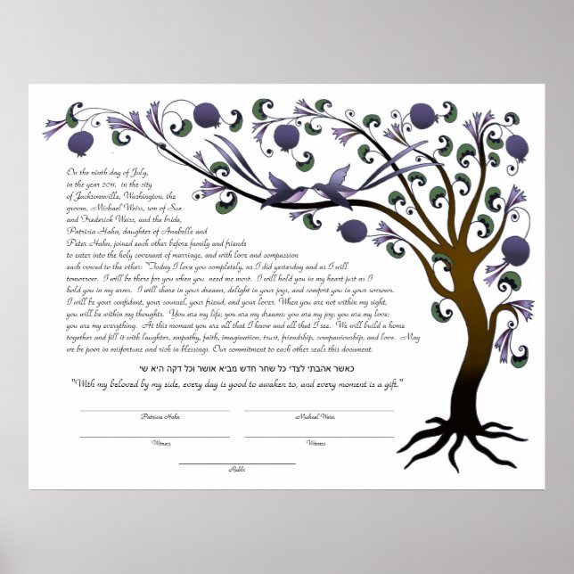 Livets träd ketubah med hebreiska citat (mauve L) Poster (Framsidan)