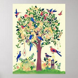 Livets träd med fåglar och blommor poster
