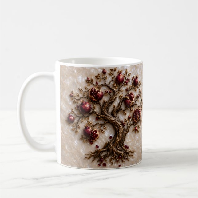 Livets Träd med Granatäpplen | 3D Reliefkonst Kaffemugg (Vänster)