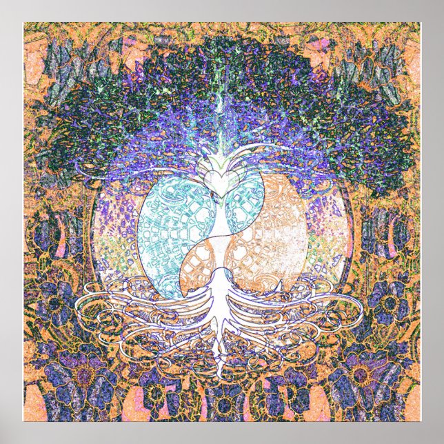 Livets träd med lekande yang- och hjärtsymbol poster (Framsidan)