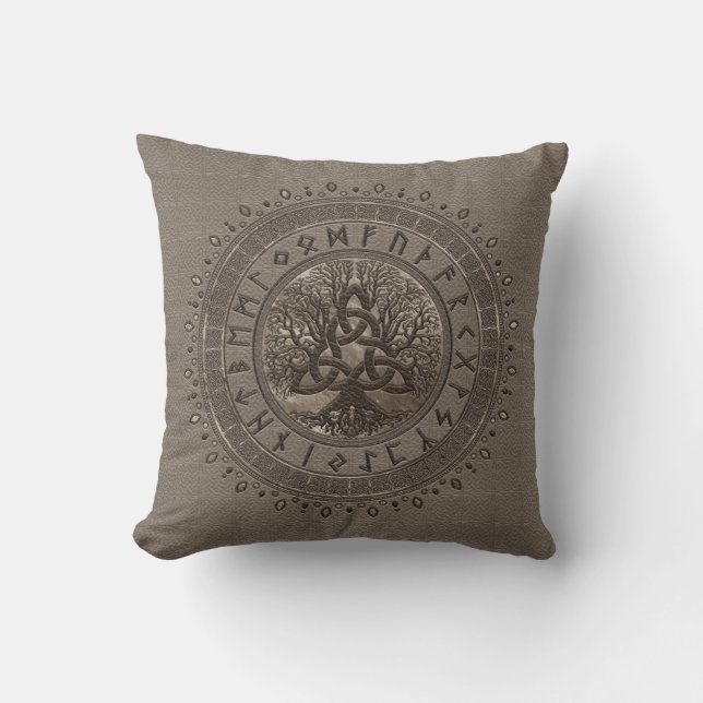 Livets träd med Triquetra beige läder och guld Kudde (Framsida)