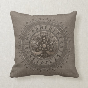 Livets träd med Triquetra beige läder och guld Kudde