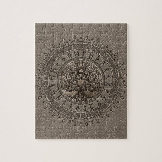 Livets träd med Triquetra beige läder och guld Pussel (Vertikal)