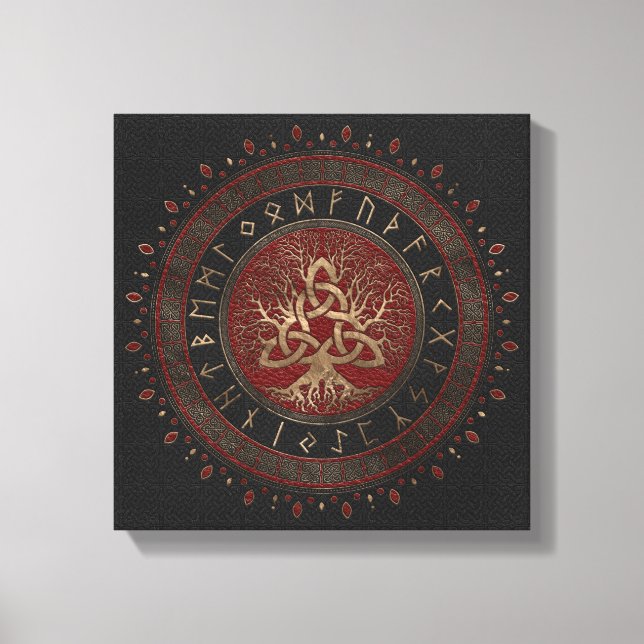 Livets träd med Triquetra Black Red Leather Canvastryck (Framsida)