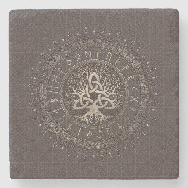 Livets träd med Triquetra bruntläder och guld Stenunderlägg (Framsidan)