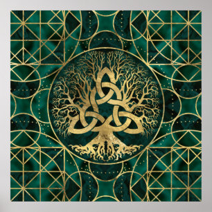Livets träd med Triquetra Malachite och Guld Poster