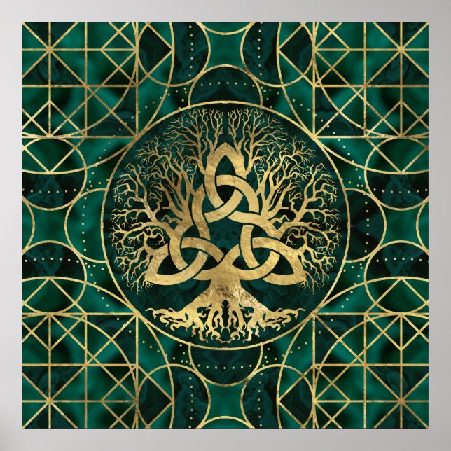 Livets träd med Triquetra Malachite och Guld Poster (Framsidan)