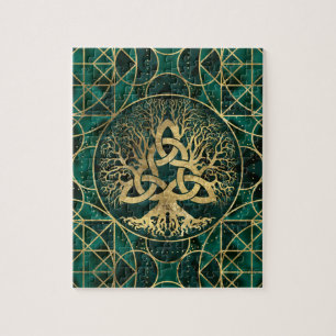 Livets träd med Triquetra Malachite och guld Pussel
