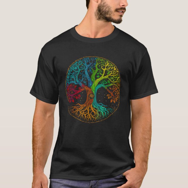Livets träd Nature Art Psychedelic Outdoor Rainbo T Shirt (Framsida)