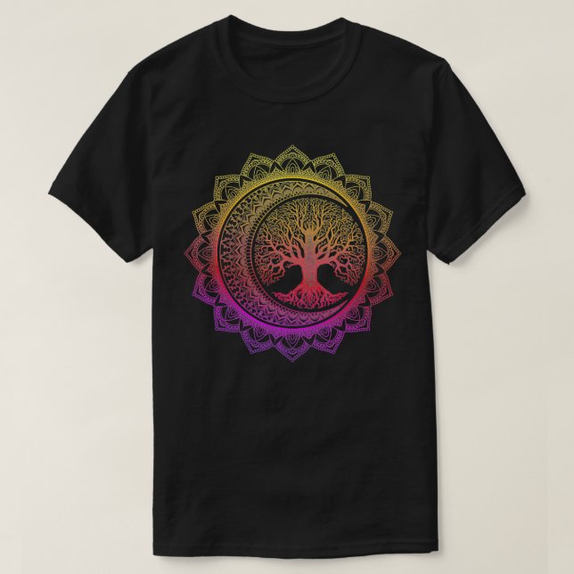 Livets träd nuvarande Måne Phases Blommigt Mandala T Shirt (Design framsida)