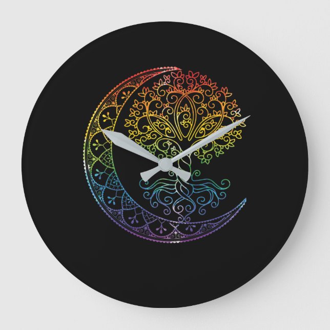 Livets träd nuvarande Måne Phases Mandala Yoga Gif Stor Klocka (Framsida)