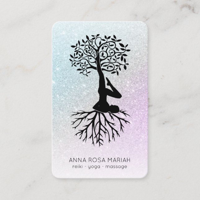 *~* Livets träd Pastel QR Zen Glitter Yoga Visitkort (Framsida)