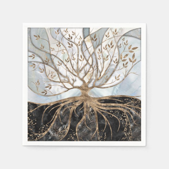 Livets träd - Pearl, Guld och Black Marble Pappersservett (Framsidan)