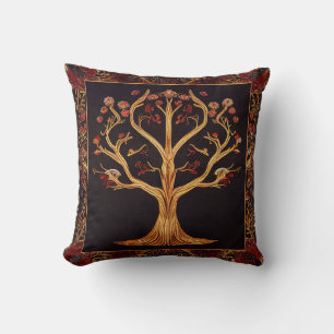 Livets träd Red Guld Black Embroidery by kedoki Kudde