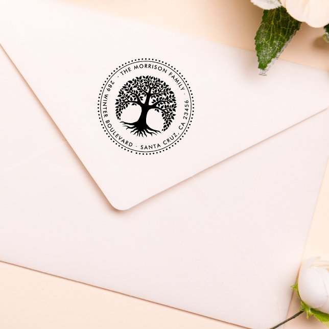 Livets träd Round Family Namn & Returadress Stämpel (Skapare uppladdad)