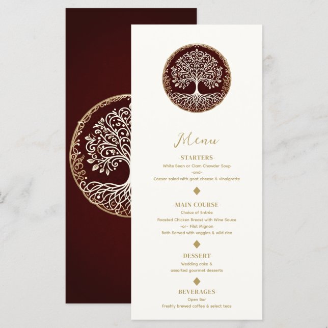 Livets Träd Rustik Mörkröd Keltisk Bröllopsmeny Meny (Fram/baksida)