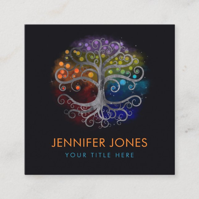Livets träd Silver Swirl Fyrkantigt Visitkort (Framsida)