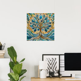 Livets träd Sönderbrutet Glas Mozaik Aqua Blå Poster