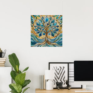 Livets träd Sönderbrutet Glas Mozaik Aqua Blå Poster