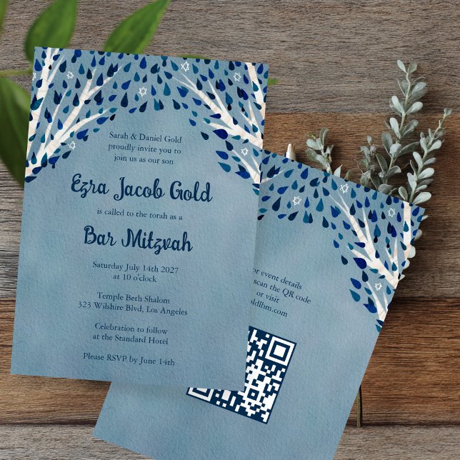 Livets träd Stars Anpassningsbar Fladdermus Pub Mi Inbjudningar (Tree of Life Stars Custom Bat Bar Mitzvah QR Code Invitation
)