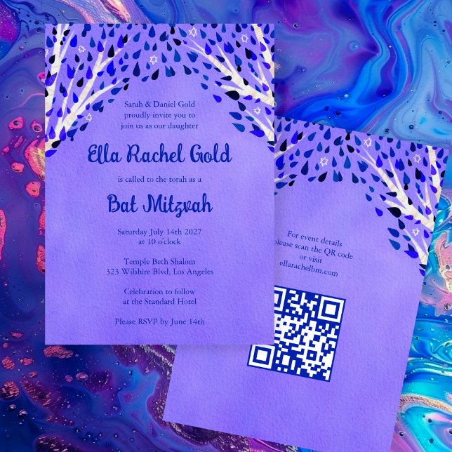 Livets träd Stars Anpassningsbar Fladdermus Pub Mi Inbjudningar (Tree of Life Stars Custom Bat Bar Mitzvah QR Code Girl Watercolor Purple Invitation
)