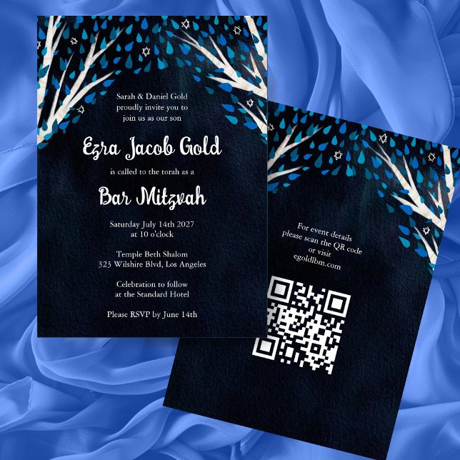 Livets träd Stars Anpassningsbar Fladdermus Pub Mi Inbjudningar (Tree of Life Stars Custom Bat Bar Mitzvah QR Code Custom Modern Watercolor Invitation
)