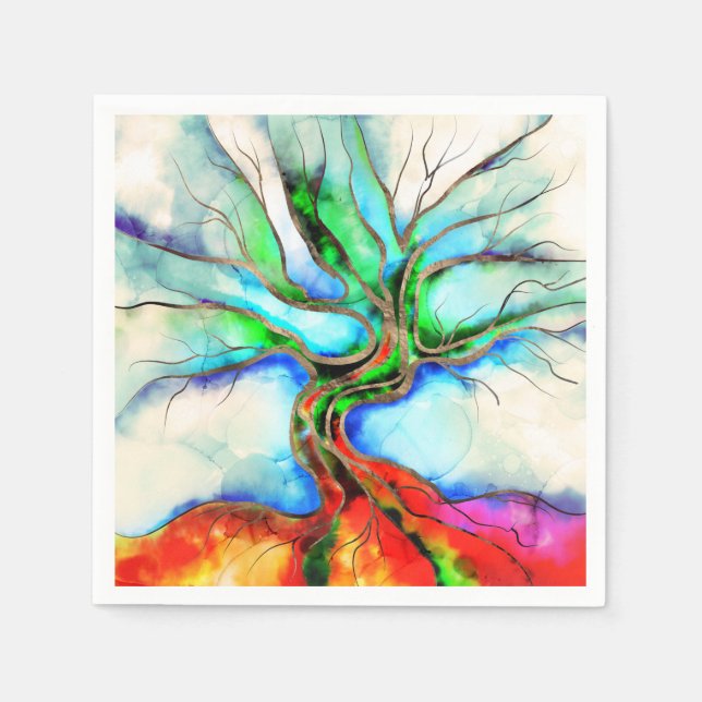 Livets träd - vattenfärg, bläck och guld pappersservett (Framsidan)