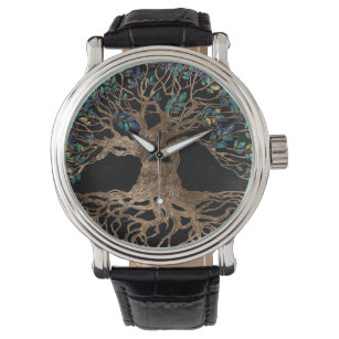 Livets träd-Yggdrasil Golden och Marble ornament Armbandsur