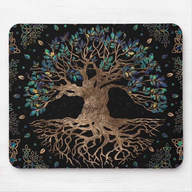 Livets träd-Yggdrasil Golden och Marble ornament Musmatta (Framsidan)