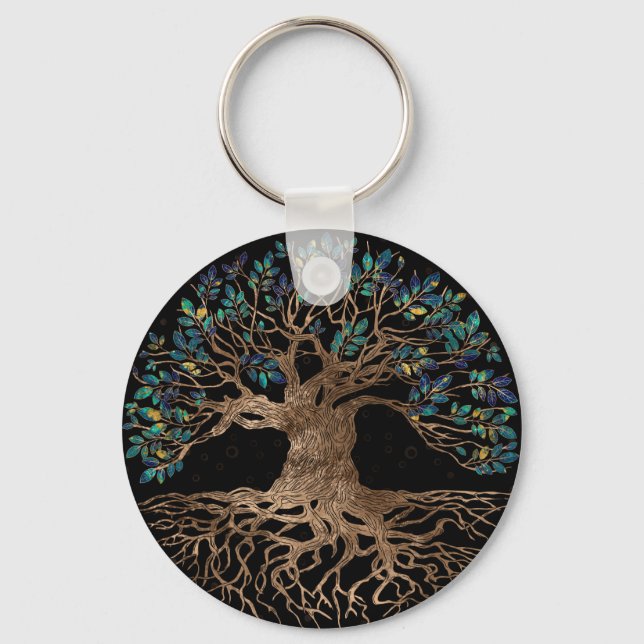 Livets träd-Yggdrasil Golden och Marble ornament Nyckelring (Framsida)