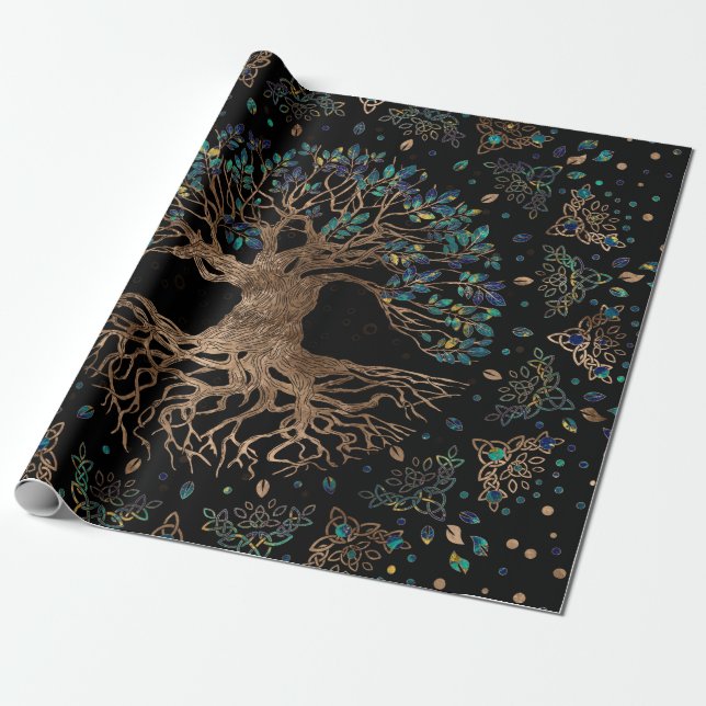 Livets träd-Yggdrasil Golden och Marble ornament Presentpapper (Utrullad)