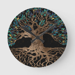 Livets träd-Yggdrasil Golden och Marble ornament Rund Klocka