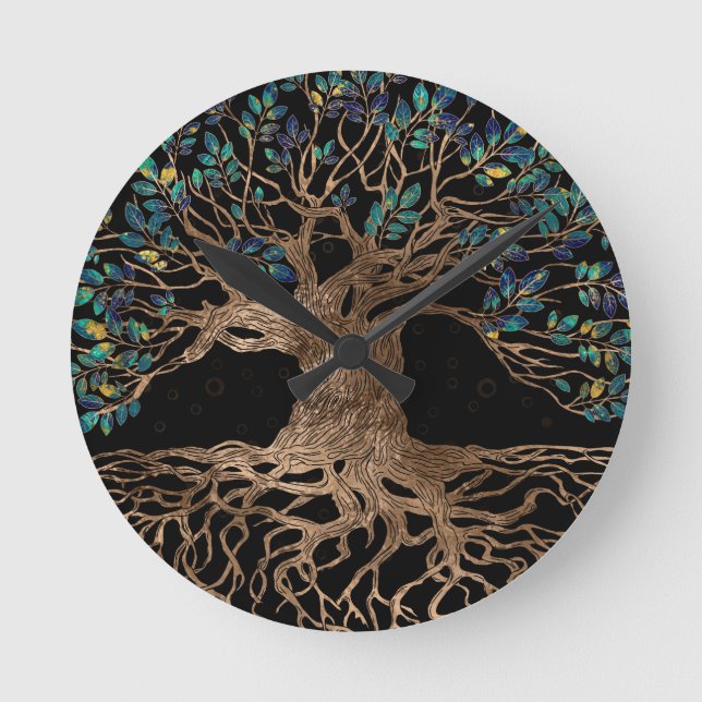 Livets träd-Yggdrasil Golden och Marble ornament Rund Klocka (Framsida)