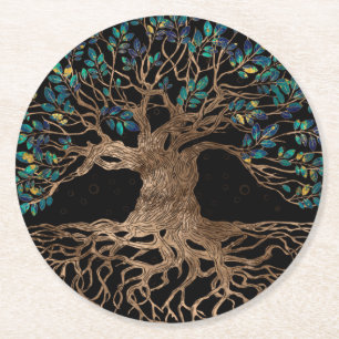 Livets träd-Yggdrasil Golden och Marble ornament Underlägg Papper Rund