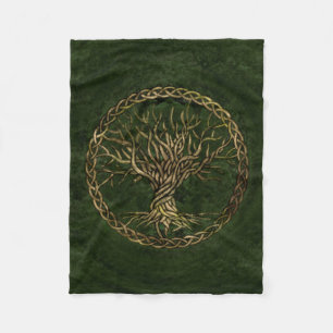 Livets träd - Yggdrasil - grönt och guld Fleecefilt