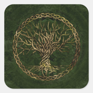 Livets träd - Yggdrasil - grönt och guld Fyrkantigt Klistermärke